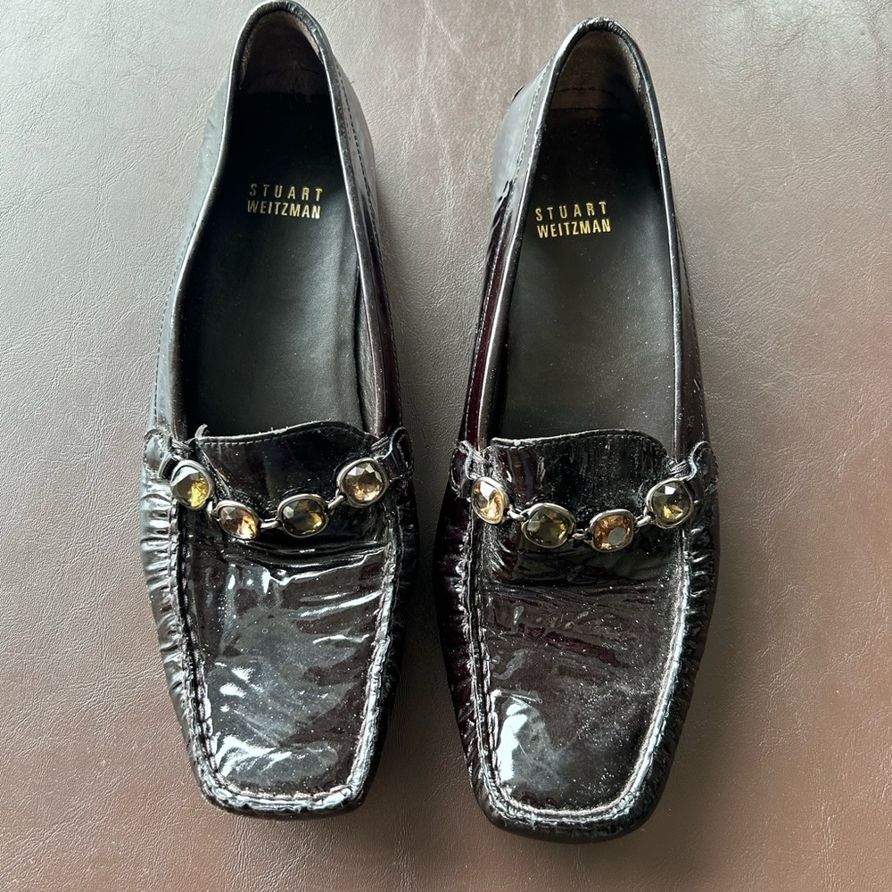 Stuart Weitzman Dark Patent Loafers with Gem Accents